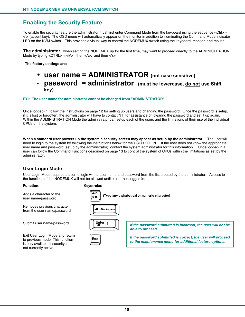 User name = administrator, Password = administrator, Enabling the security feature | Network Technologies ST-xU User Manual | Page 14 / 33