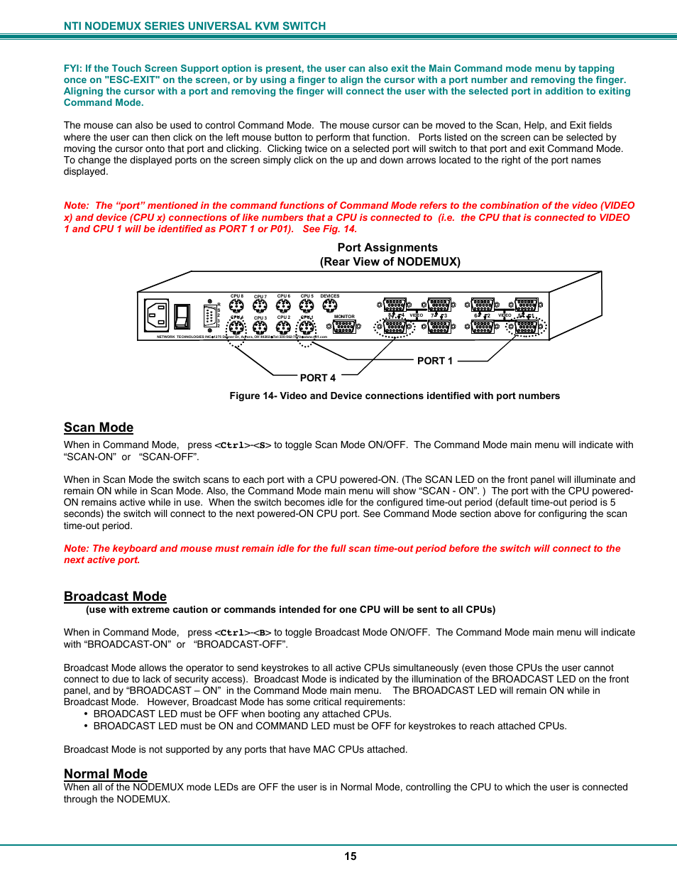 Scan mode, Broadcast mode, Normal mode | Rear view of nodemux), Port assignments, Nti nodemux series universal kvm switch 15 | Network Technologies ST-xU User Manual | Page 19 / 33