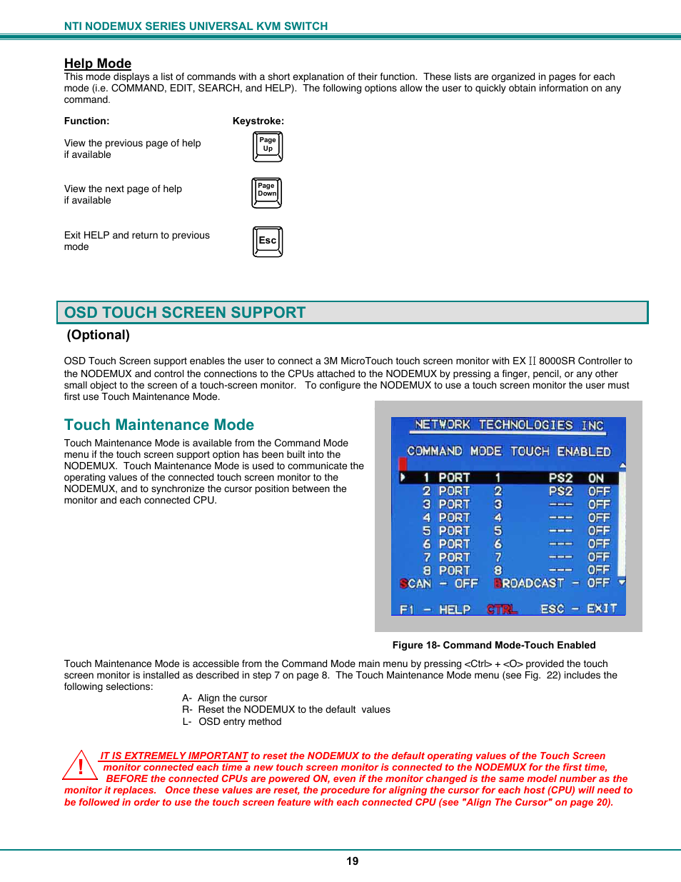 Osd touch screen support, Touch maintenance mode, Help mode | Optional) | Network Technologies ST-xU User Manual | Page 23 / 33