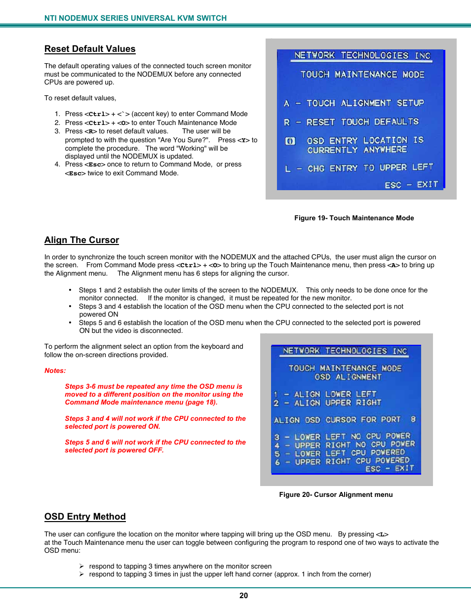 Reset default values, Align the cursor, Osd entry method | Network Technologies ST-xU User Manual | Page 24 / 33