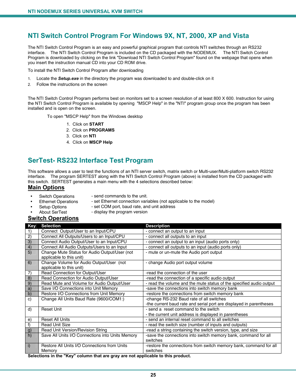 Sertest- rs232 interface test program, Main options, Switch operations | Network Technologies ST-xU User Manual | Page 29 / 33