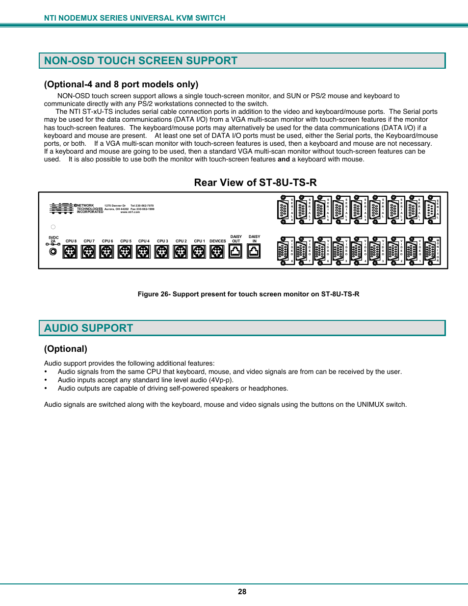 Non-osd touch screen support, Audio support, Rear view of st-8u-ts-r | Optional-4 and 8 port models only), Optional), Nti nodemux series universal kvm switch 28 | Network Technologies ST-xU User Manual | Page 32 / 33