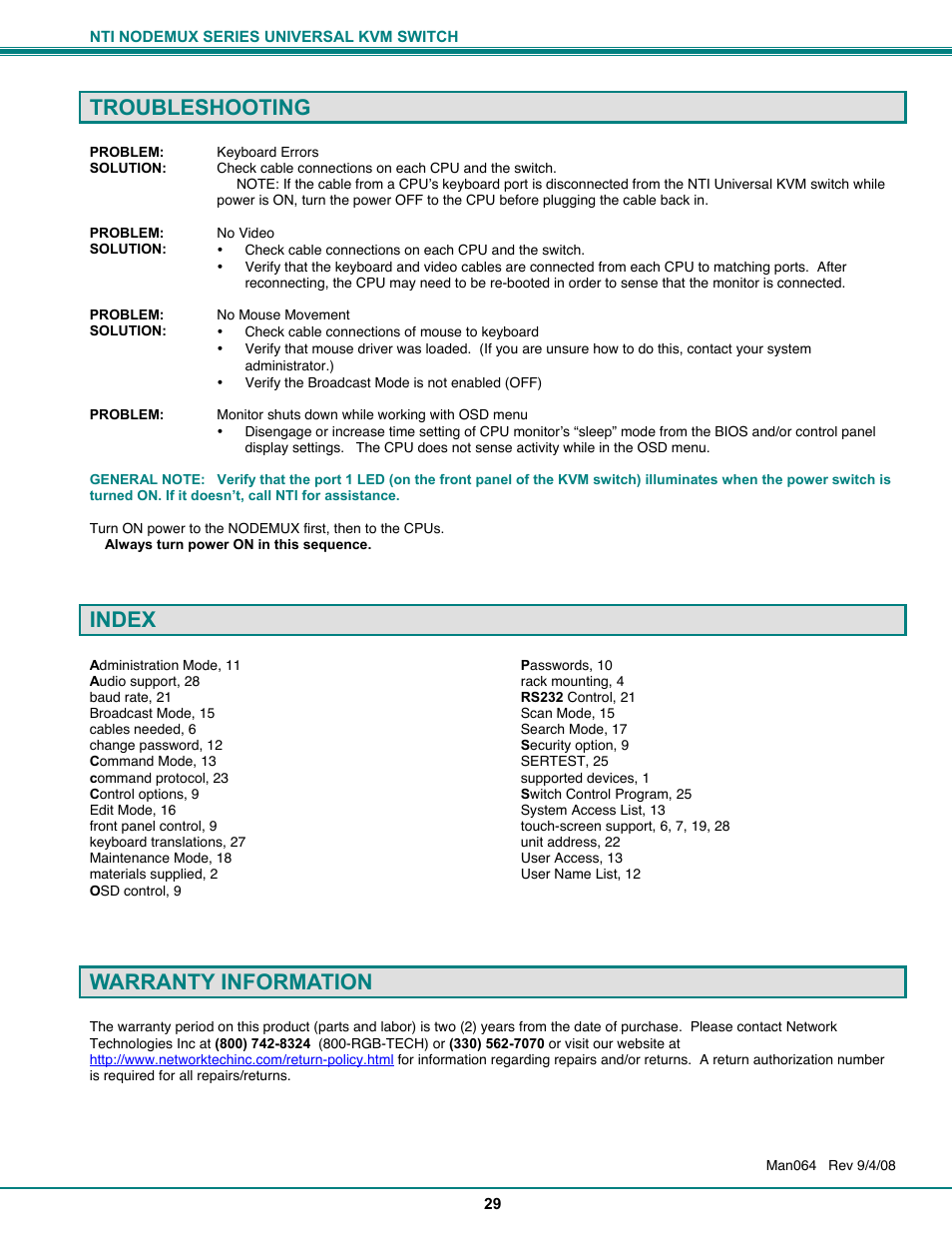 Troubleshooting, Index, Warranty information | Network Technologies ST-xU User Manual | Page 33 / 33