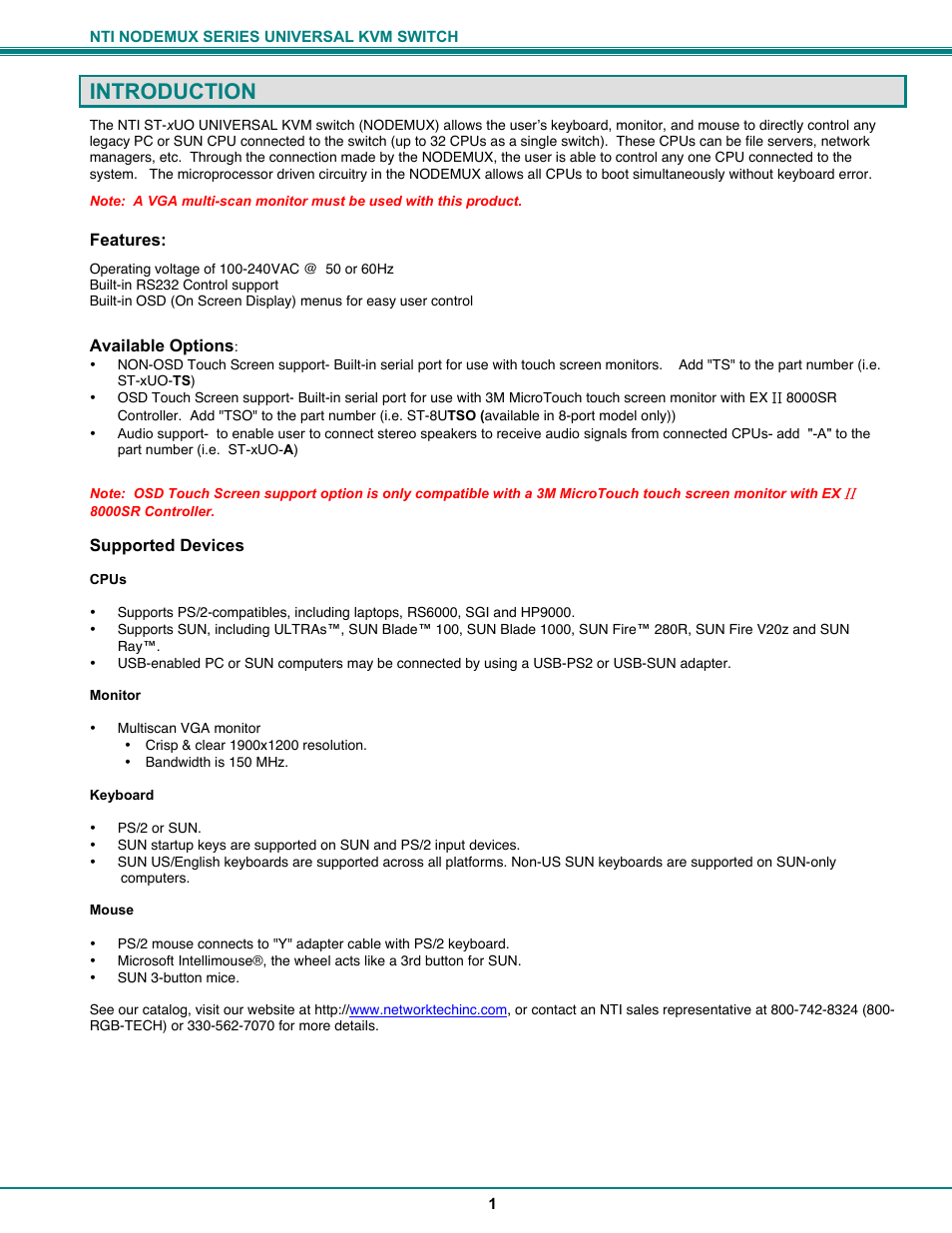 Introduction, Features, Available options | Supported devices | Network Technologies ST-xU User Manual | Page 5 / 33