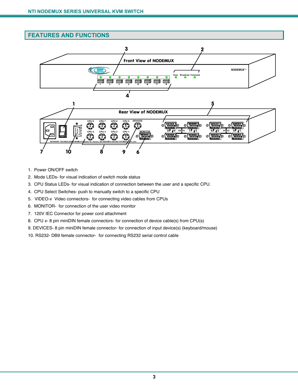 Features and functions, Nti nodemux series universal kvm switch 3, Power on/off switch | Monitor- for connection of the user video monitor, 120v iec connector for power cord attachment, Front view of nodemux, Rear view of nodemux | Network Technologies ST-xU User Manual | Page 7 / 33