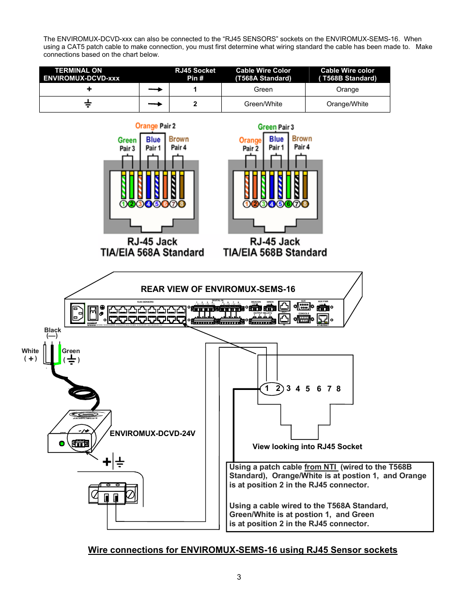 Rear view of enviromux-sems-16, Enviromux-dcvd-24v, View looking into rj45 socket | 1 green orange 2 green/white orange/white | Network Technologies Console Switch User Manual | Page 3 / 6