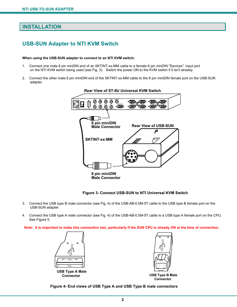 Installation, Usb-sun adapter to nti kvm switch, Nti usb-to-sun adapter 2 | Rear view of st-8u universal kvm switch, Usb type a male connector | Network Technologies MAN015 User Manual | Page 5 / 7
