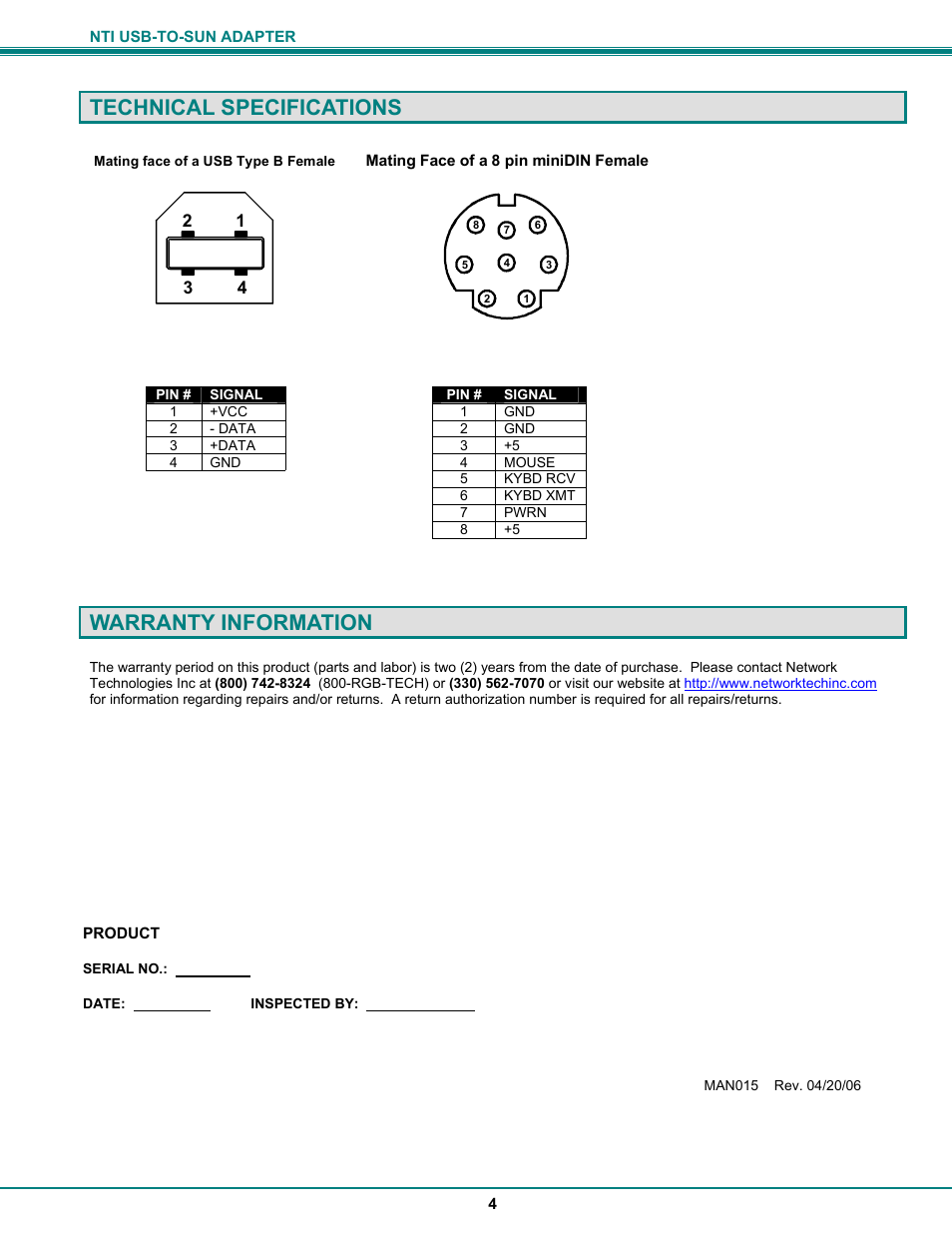 Technical specifications, Warranty information | Network Technologies MAN015 User Manual | Page 7 / 7