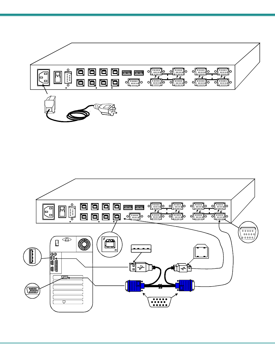 Rear view of unimux-usbv-8o-rs, Nti unimux series usb kvm switch 6, Figure 5- connect the ac line cord | Figure 6- connect each cpu | Network Technologies USBV-x User Manual | Page 10 / 43