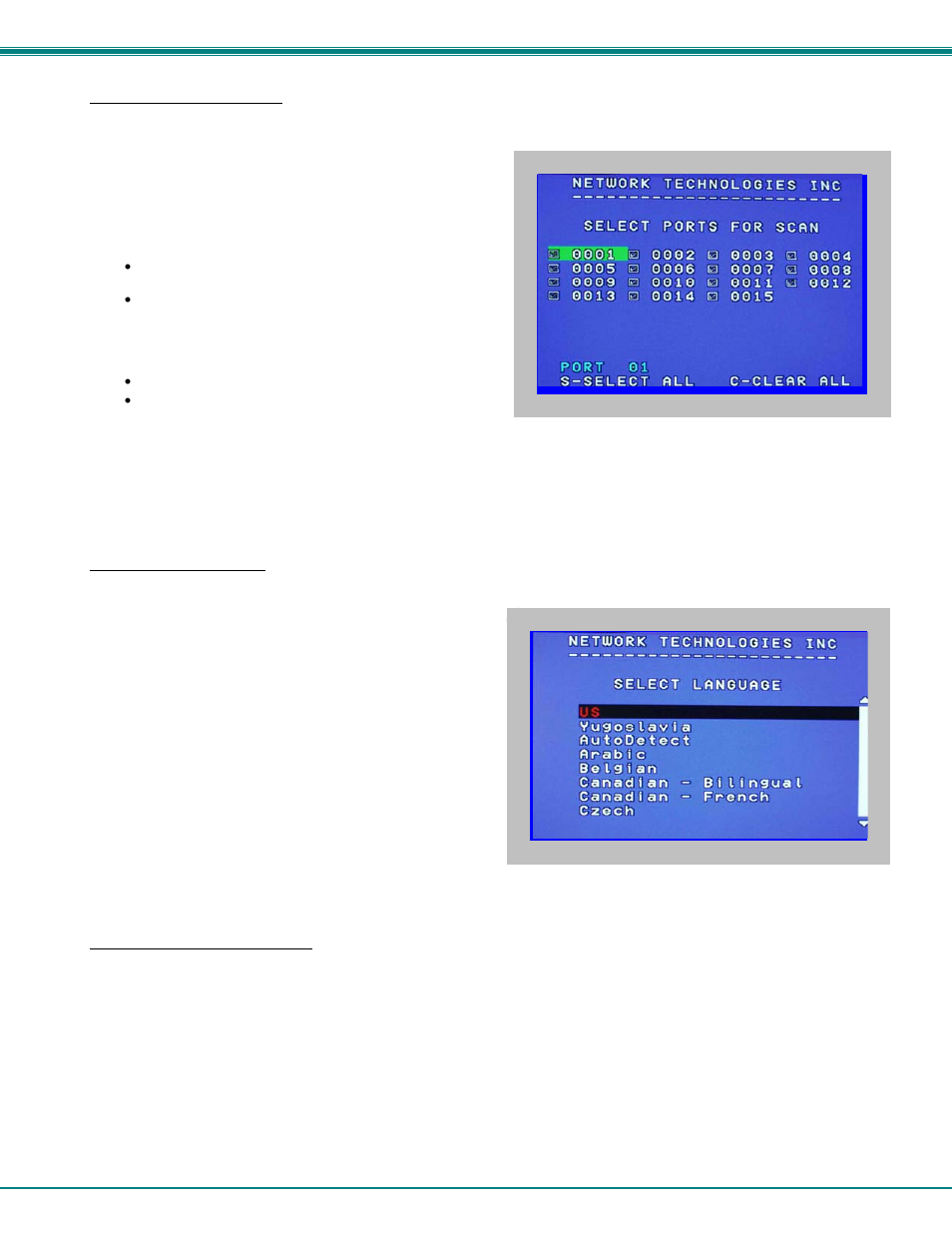 Select ports for scan, Language selection, Mac ports configuration | Network Technologies USBV-x User Manual | Page 26 / 43