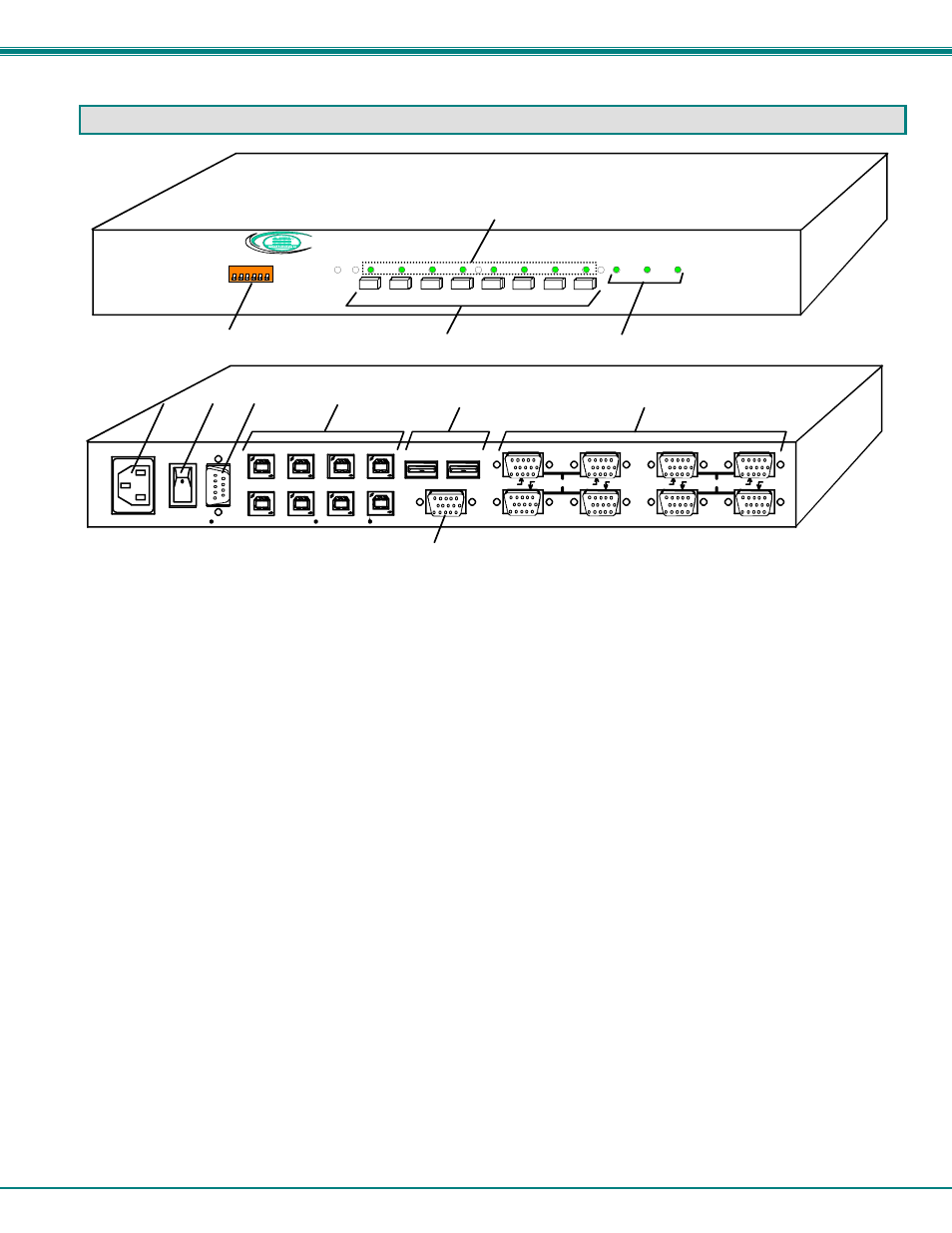 Rear view of unimux-usbv-8o-rs, Front view of unimux-usbv-8o-rs, Features and functions | Nti unimux series usb kvm switch 3 | Network Technologies USBV-x User Manual | Page 7 / 43