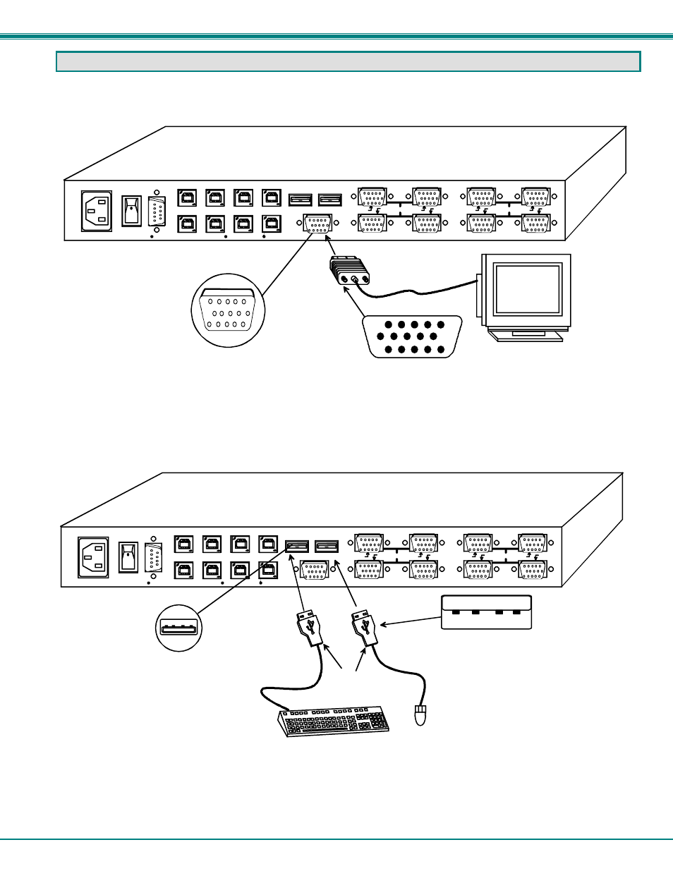 Rear view of unimux-usbv-8o-rs, Installation, Usb type a male connectors | Nti unimux series usb kvm switch 5, Figure 3- connect a vga multi-scan monitor, Figure 4- connect the device(s) | Network Technologies USBV-x User Manual | Page 9 / 43