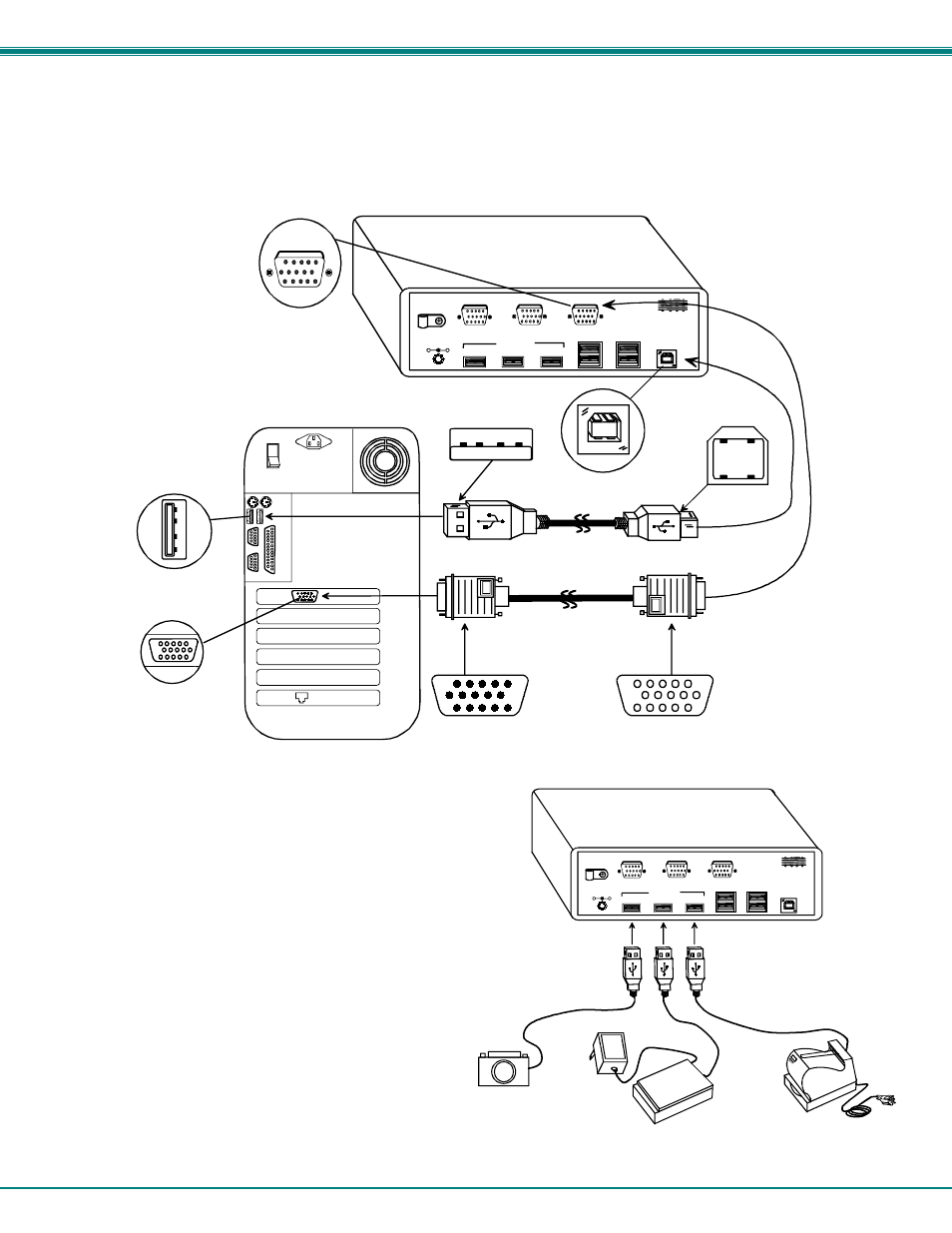 Cpu connection, Hub ports, Power-up | Nti brandname and descripton 4, Vext-3, Rear view of windows usb cpu, Usb-ab-1m, Rear view of vopex-usbv-2 | Network Technologies NTI VOPEX VOPEX-USBV User Manual | Page 7 / 10