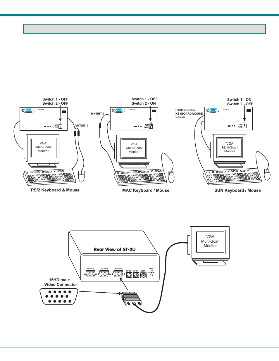 Installation, Nti nodemux series universal kvm switch 3, Figure 1- keyboard dip-switch configuration | Figure 2- connect vga multi-scan monitor to st-2u | Network Technologies ST-2U User Manual | Page 6 / 20