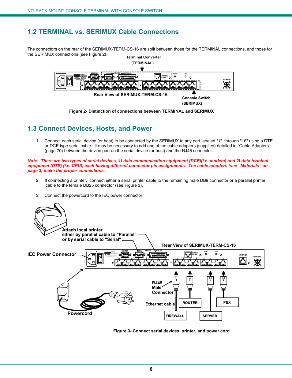 2 terminal vs. serimux cable connections, 3 connect devices, hosts, and power, Iec power connector powercord | Rear view of serimux-term-cs-16 | Network Technologies CS-16/8 User Manual | Page 11 / 79