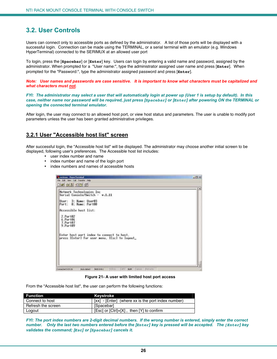 User controls, 1 user "accessible host list" screen | Network Technologies CS-16/8 User Manual | Page 31 / 79