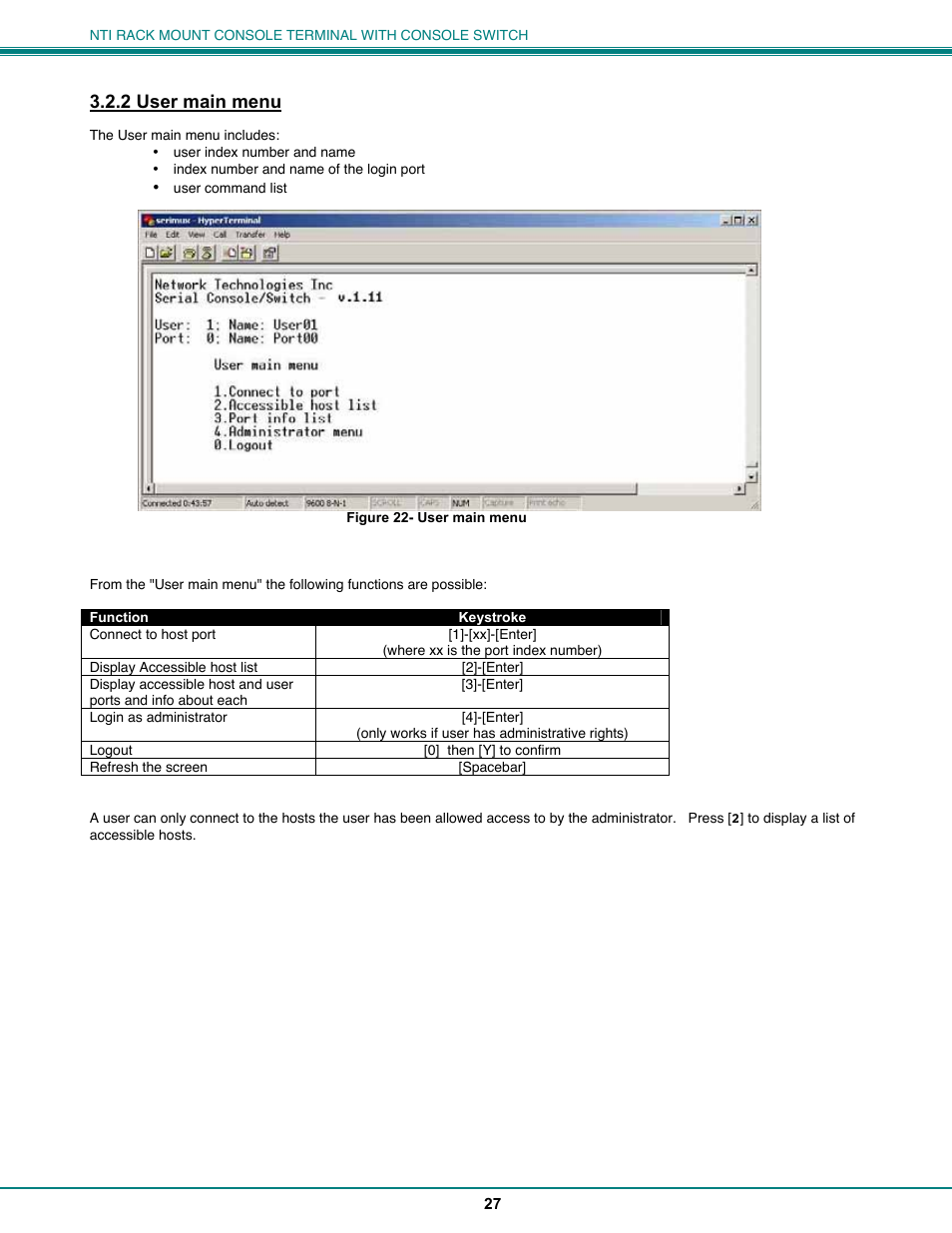 2 user main menu | Network Technologies CS-16/8 User Manual | Page 32 / 79