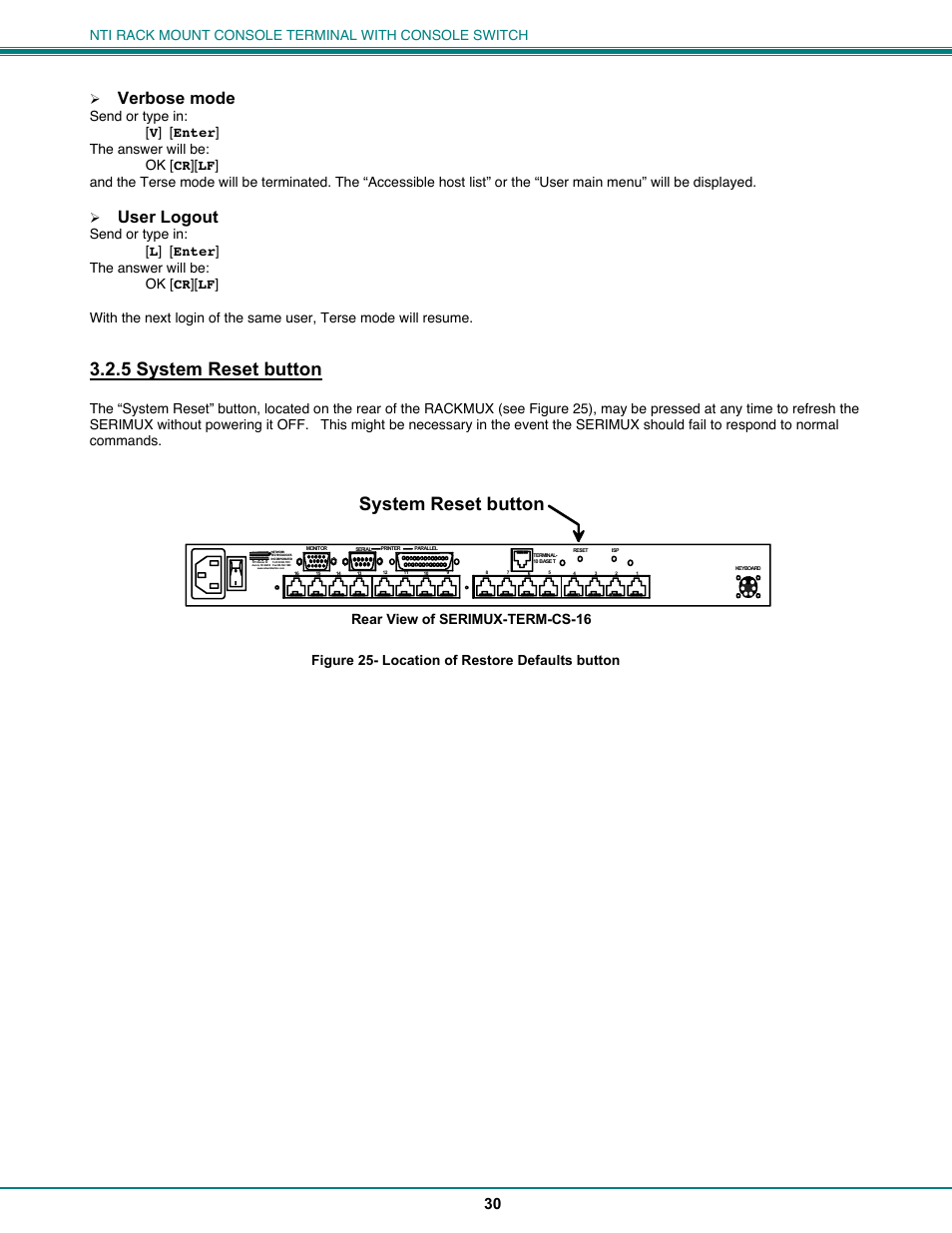 5 system reset button, System reset button, Verbose mode | User logout, Rear view of serimux-term-cs-16 | Network Technologies CS-16/8 User Manual | Page 35 / 79