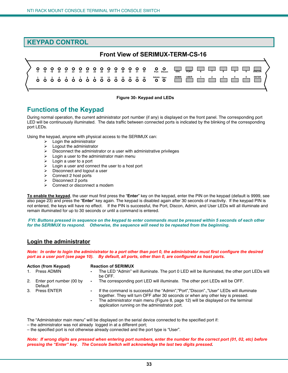 Keypad control, Functions of the keypad, Front view of serimux-term-cs-16 | Login the administrator | Network Technologies CS-16/8 User Manual | Page 38 / 79