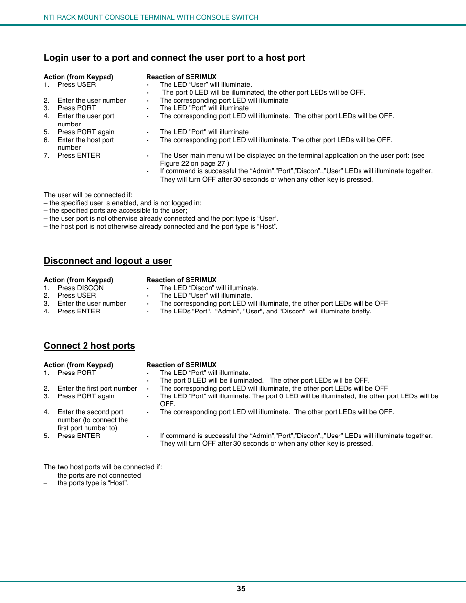 Disconnect and logout a user, Connect 2 host ports | Network Technologies CS-16/8 User Manual | Page 40 / 79