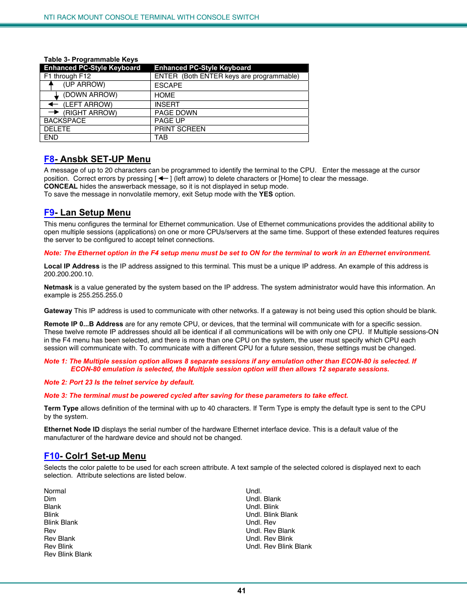 F8 - ansbk set-up menu, F9 - lan setup menu, F10 - colr1 set-up menu | Network Technologies CS-16/8 User Manual | Page 46 / 79