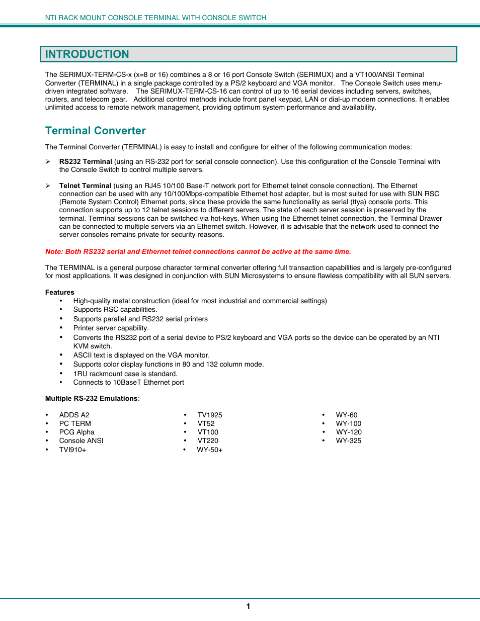 Introduction, Terminal converter | Network Technologies CS-16/8 User Manual | Page 6 / 79