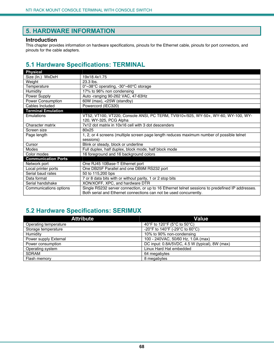 Hardware information, 1 hardware specifications: terminal, 2 hardware specifications: serimux | Network Technologies CS-16/8 User Manual | Page 73 / 79