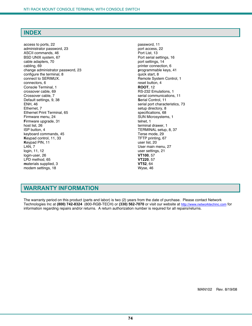 Index, Warranty information | Network Technologies CS-16/8 User Manual | Page 79 / 79