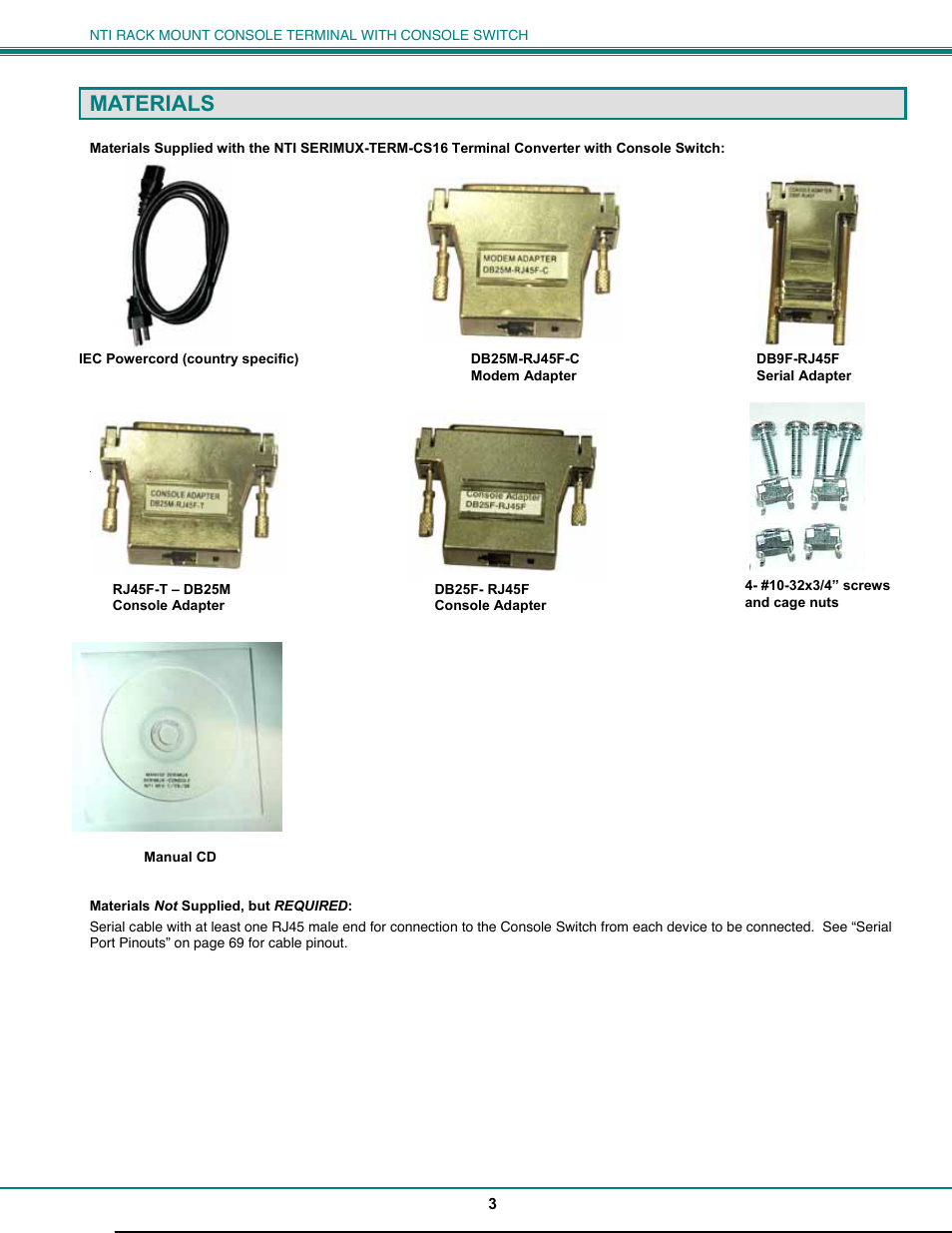 Materials | Network Technologies CS-16/8 User Manual | Page 8 / 79