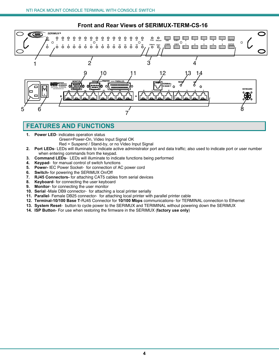 Features and functions | Network Technologies CS-16/8 User Manual | Page 9 / 79