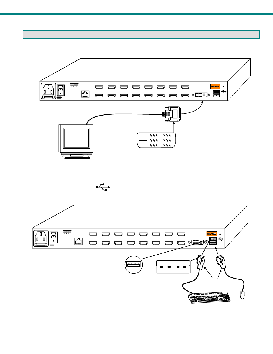 Installation, Rear view of unimux-dvi-16hd, Nti unimux series usb kvm switch 6 | Figure 3- connect a dvi monitor, Figure 4- connect the device(s), Usb keyboard usb mouse usb type a male connectors | Network Technologies 2907 User Manual | Page 10 / 26