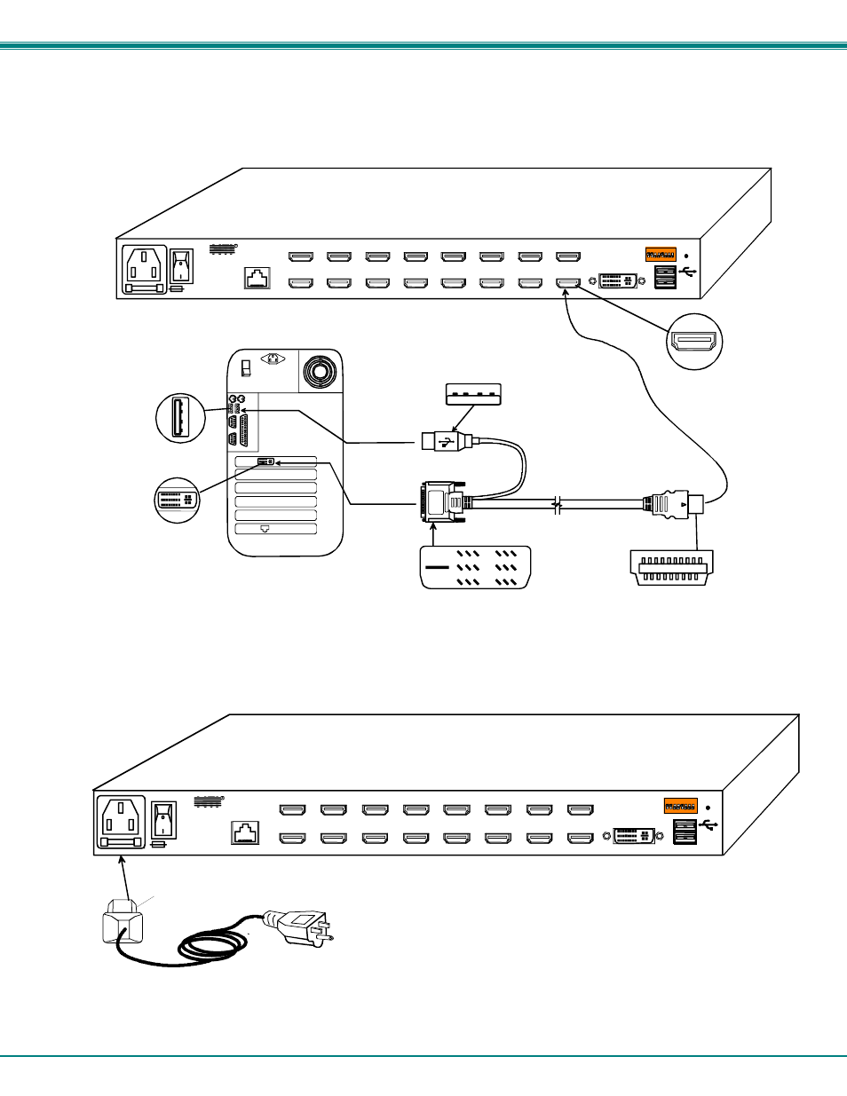 Rear view of unimux-dvi-16hd, Nti unimux series usb kvm switch 7, Figure 5- connect each cpu | Figure 6- connect the power cord, Power cord iec connector | Network Technologies 2907 User Manual | Page 11 / 26