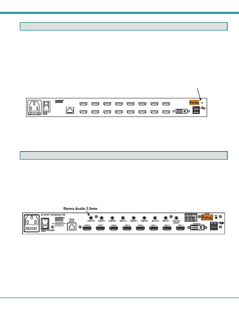 Audio support, Rear view of unimux-dvi-16hd, Optional) | Nti unimux series usb kvm switch 20, Figure 15-ddc button location, Figure 16- rear view of unimux-dvia-8hd, Ddc button | Network Technologies 2907 User Manual | Page 24 / 26