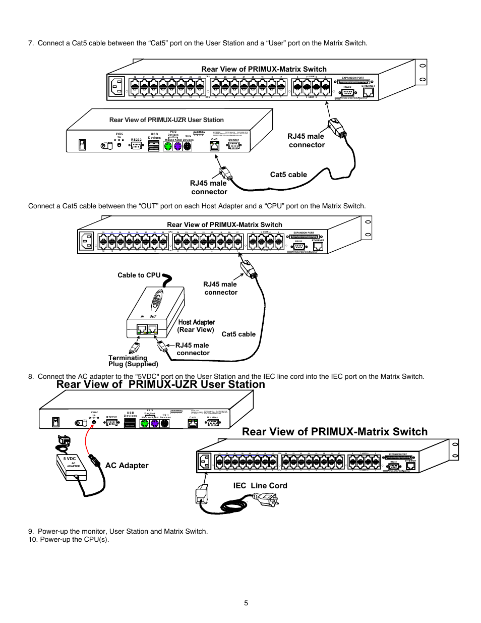 Rear view of primux-matrix switch, Iec line cord ac adapter, Power-up the cpu(s) | Rrear view of primux-matrix switch, Rear view) cable to cpu, Rear view of primux-uzr user station, N ti | Network Technologies NTI Primux Primus-16X64 User Manual | Page 5 / 7