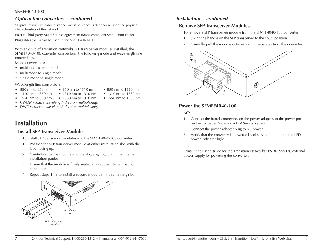 Installation, Install sfp transceiver modules, Optical line converters -- continued | Network Instruments SFMFF4040-100 User Manual | Page 2 / 5