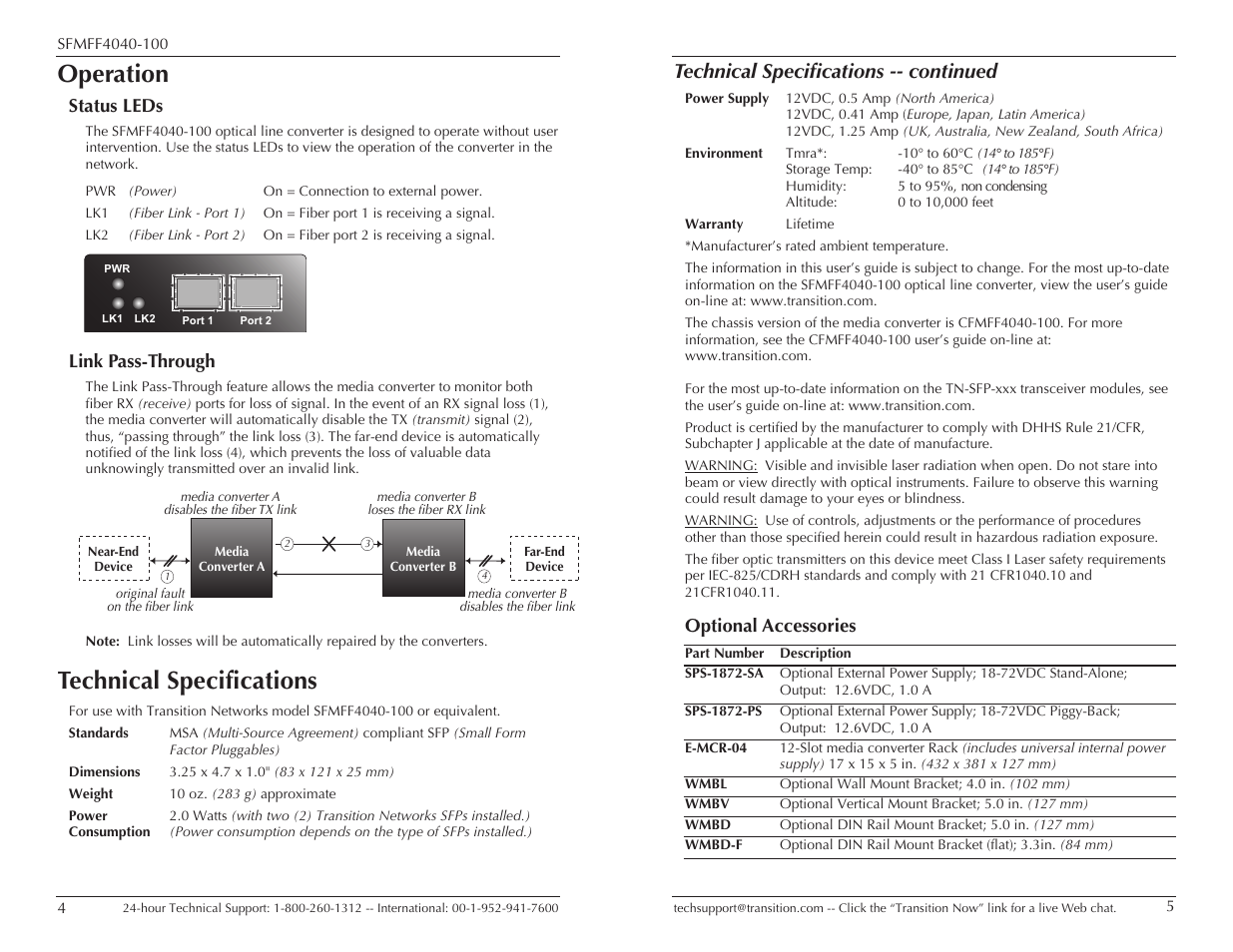 Operation, Technical specifications, Technical specifications -- continued | Status leds, Link pass-through, Optional accessories | Network Instruments SFMFF4040-100 User Manual | Page 3 / 5