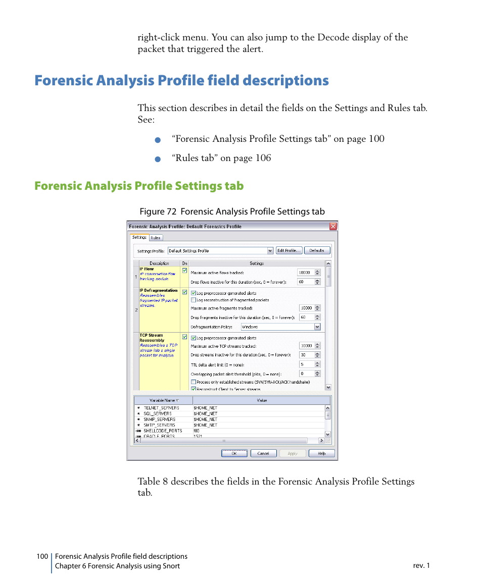 Forensic analysis profile field descriptions, Forensic analysis profile settings tab | Network Instruments GigaStor 114ff User Manual | Page 100 / 146