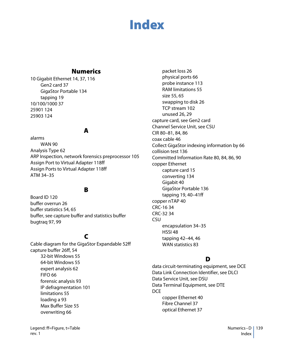 Index, Numerics | Network Instruments GigaStor 114ff User Manual | Page 139 / 146