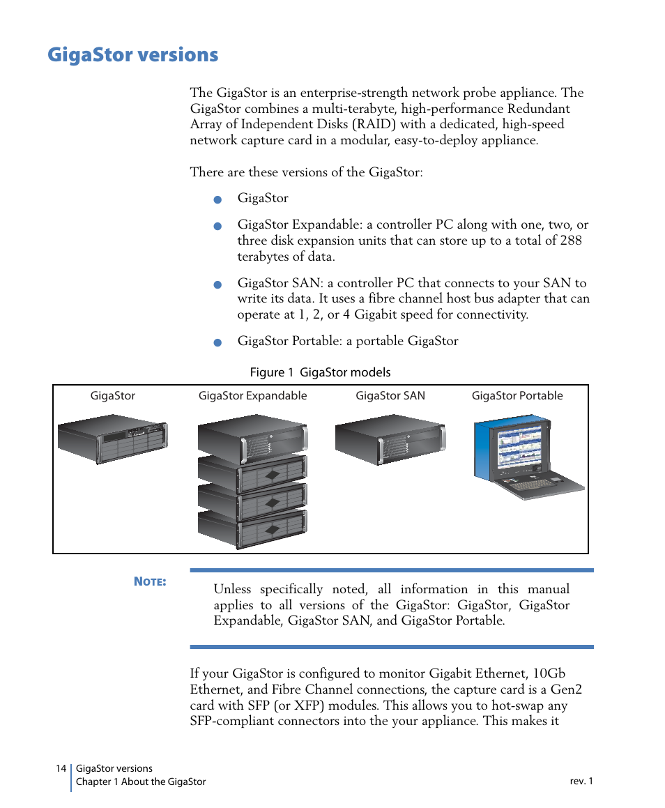 Gigastor versions | Network Instruments GigaStor 114ff User Manual | Page 14 / 146