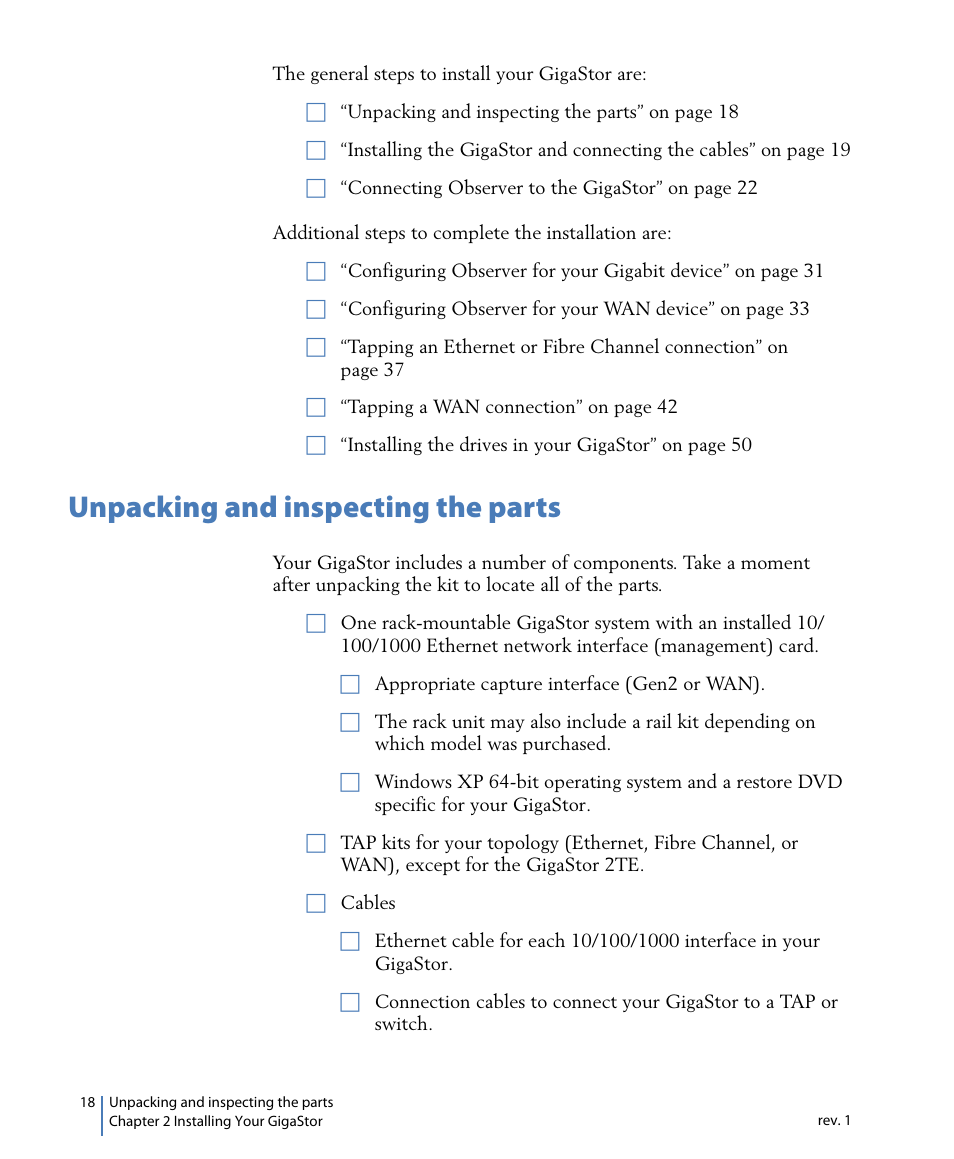 Unpacking and inspecting the parts | Network Instruments GigaStor 114ff User Manual | Page 18 / 146