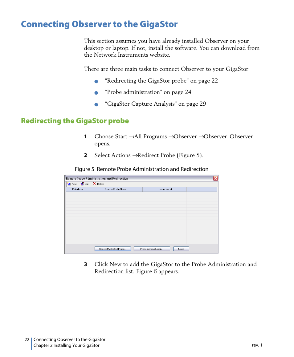 Connecting observer to the gigastor, Redirecting the gigastor probe | Network Instruments GigaStor 114ff User Manual | Page 22 / 146