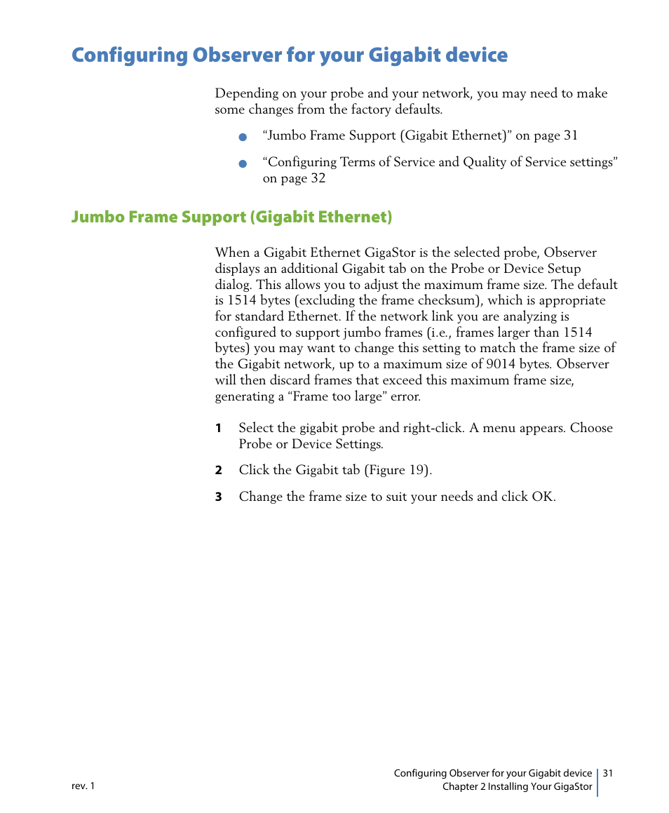 Configuring observer for your gigabit device, Jumbo frame support (gigabit ethernet) | Network Instruments GigaStor 114ff User Manual | Page 31 / 146
