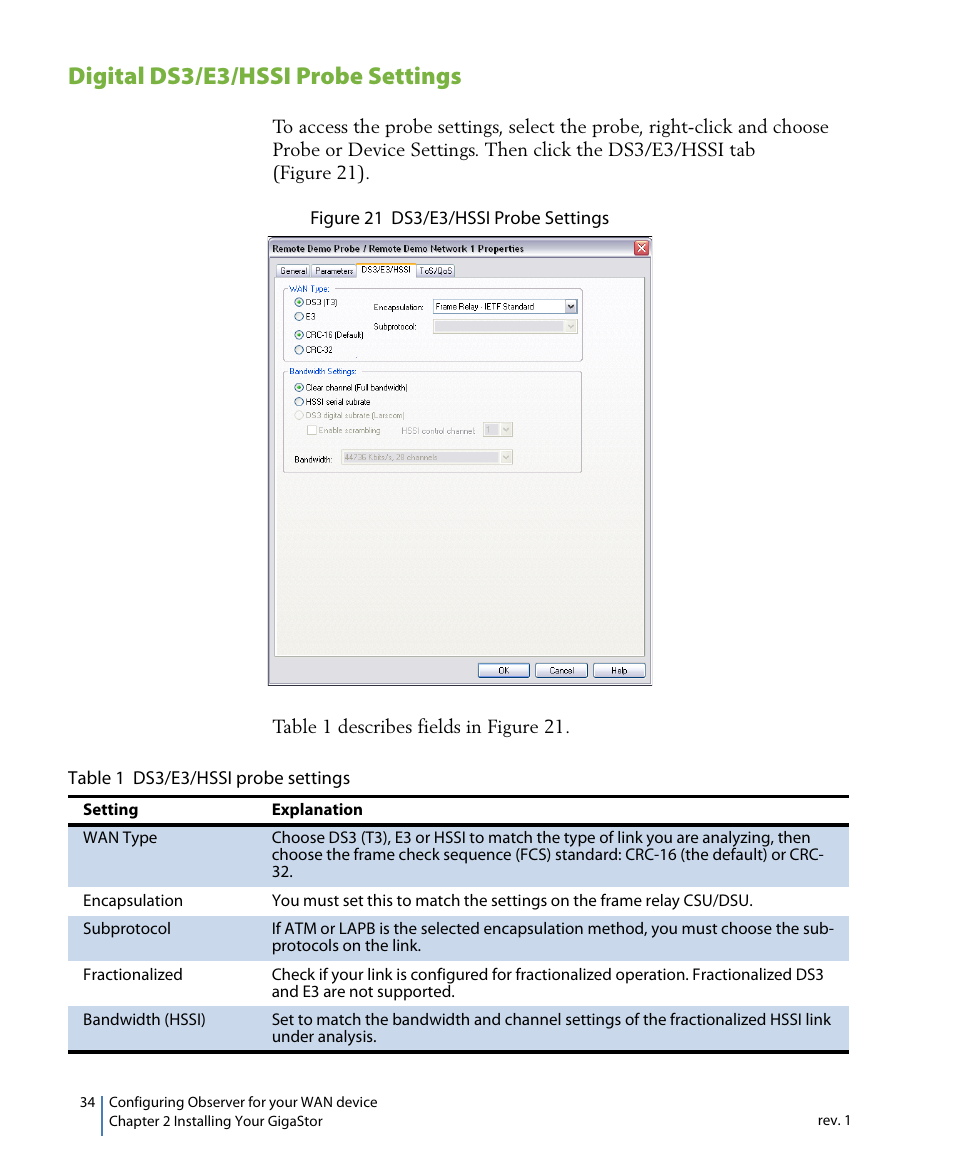 Digital ds3/e3/hssi probe settings | Network Instruments GigaStor 114ff User Manual | Page 34 / 146