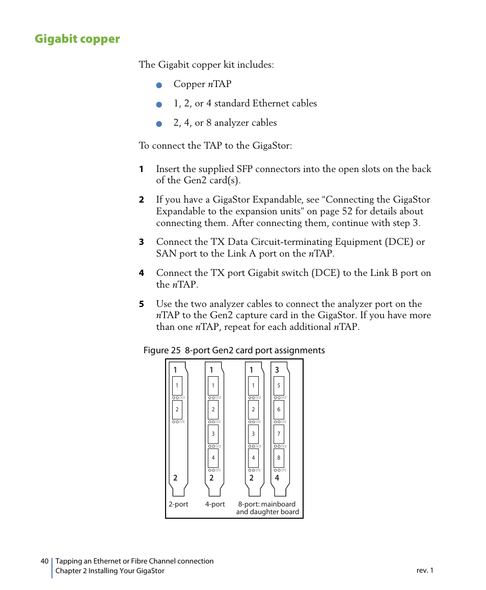 Gigabit copper, The gigabit copper kit includes, Copper n tap | 1, 2, or 4 standard ethernet cables | Network Instruments GigaStor 114ff User Manual | Page 40 / 146