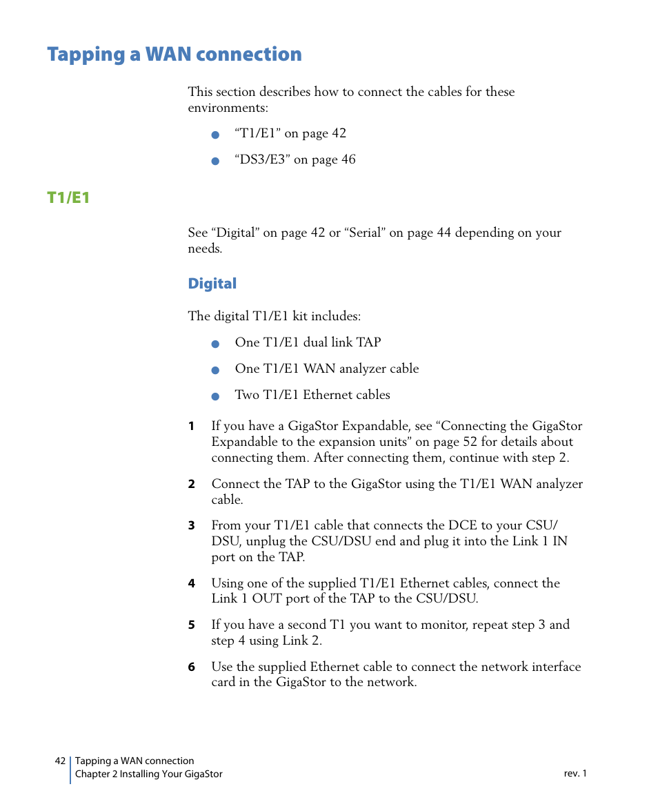 Tapping a wan connection, T1/e1, Digital | Network Instruments GigaStor 114ff User Manual | Page 42 / 146