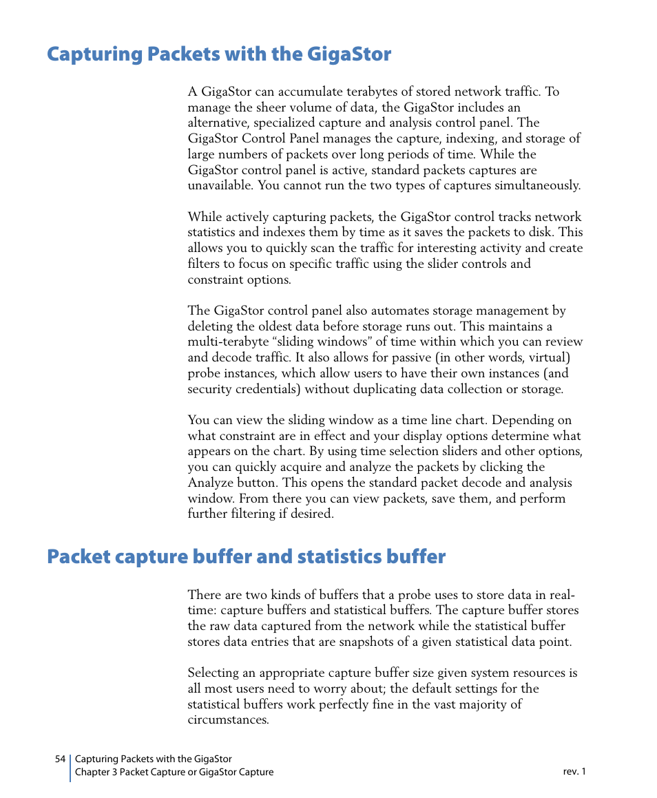 Capturing packets with the gigastor, Packet capture buffer and statistics buffer | Network Instruments GigaStor 114ff User Manual | Page 54 / 146