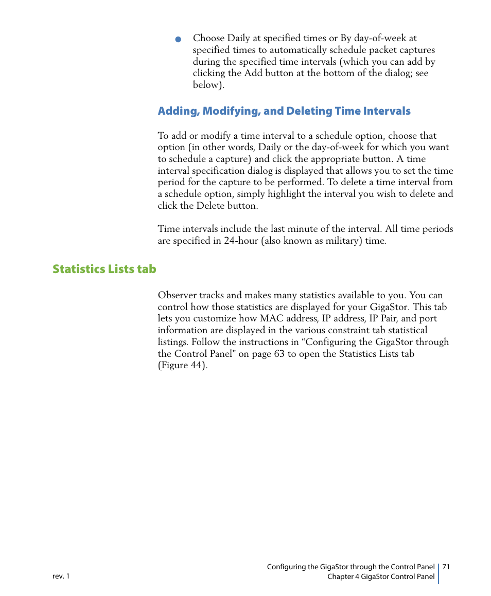 Adding, modifying, and deleting time intervals, Statistics lists tab | Network Instruments GigaStor 114ff User Manual | Page 71 / 146