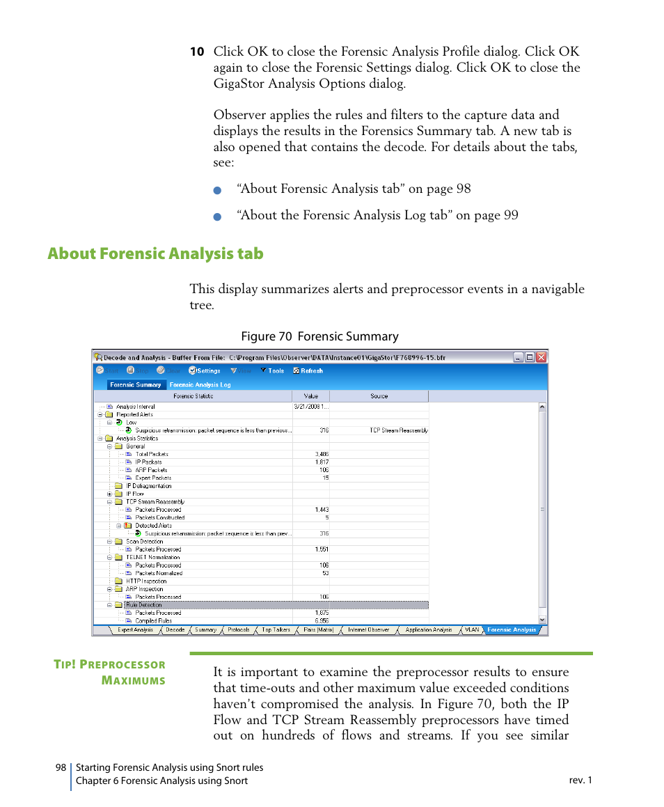About forensic analysis tab | Network Instruments GigaStor 114ff User Manual | Page 98 / 146
