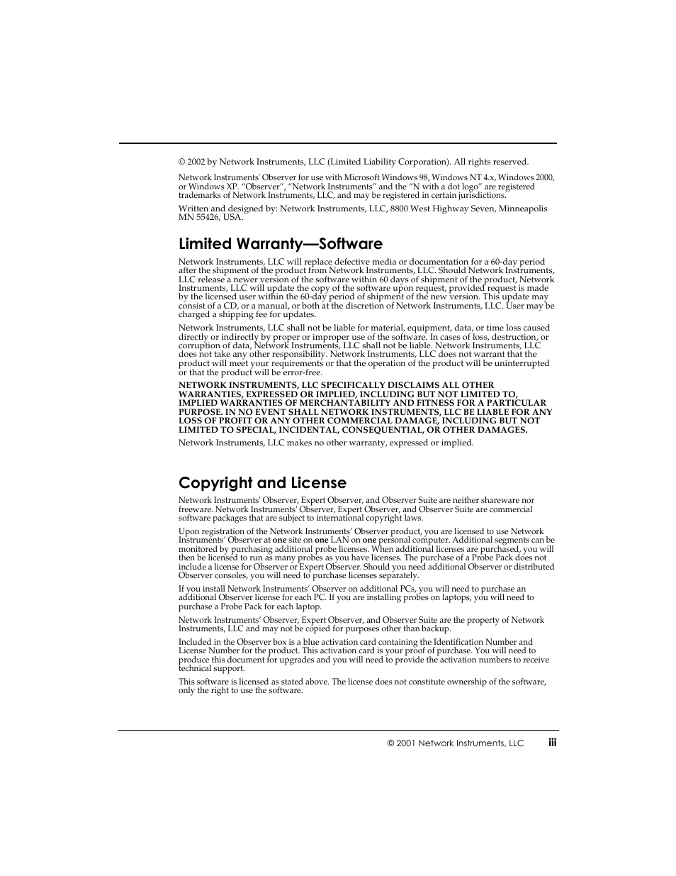 Limited warranty—software, Copyright and license | Network Instruments Observer User Manual | Page 3 / 28