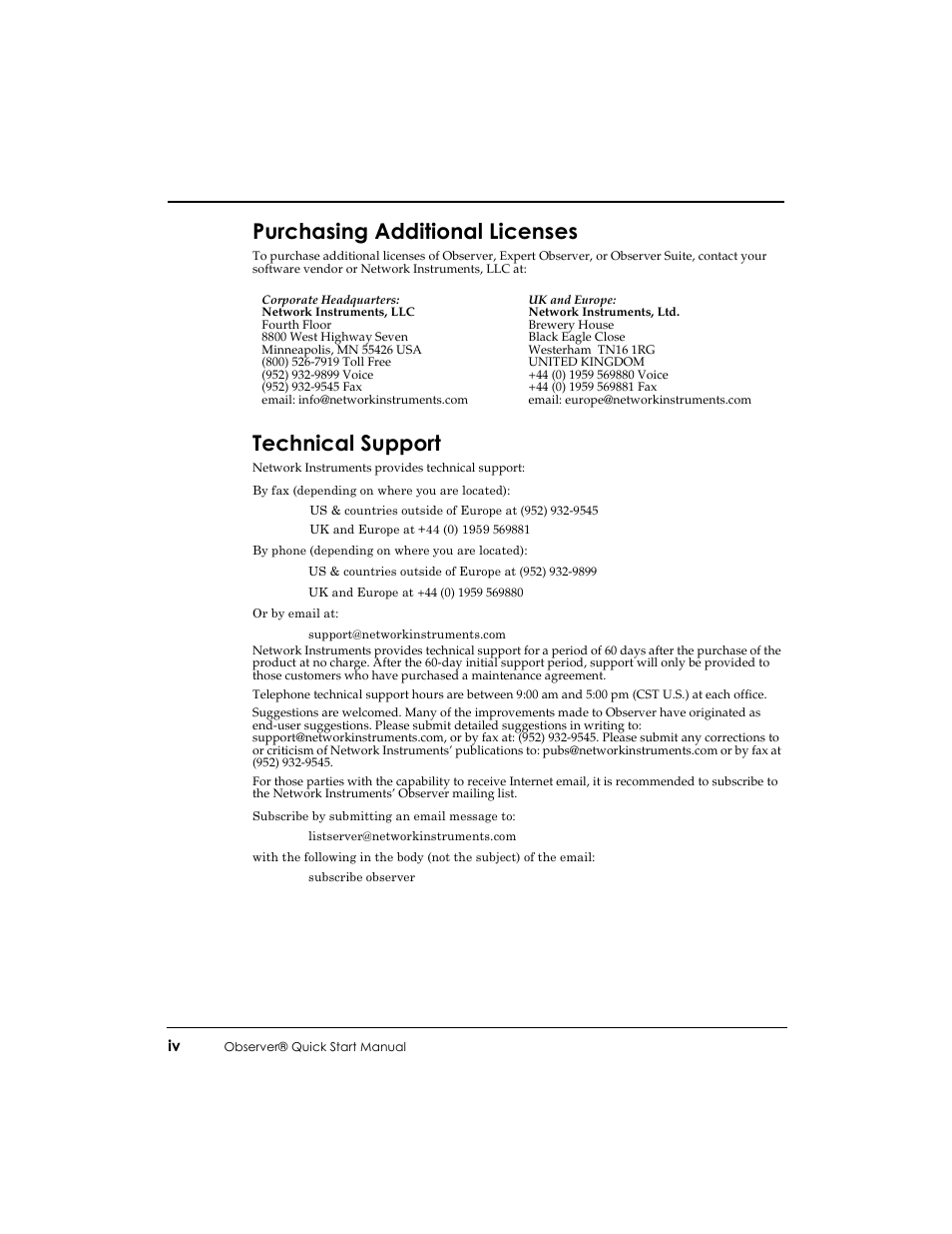 Purchasing additional licenses, Technical support | Network Instruments Observer User Manual | Page 4 / 28